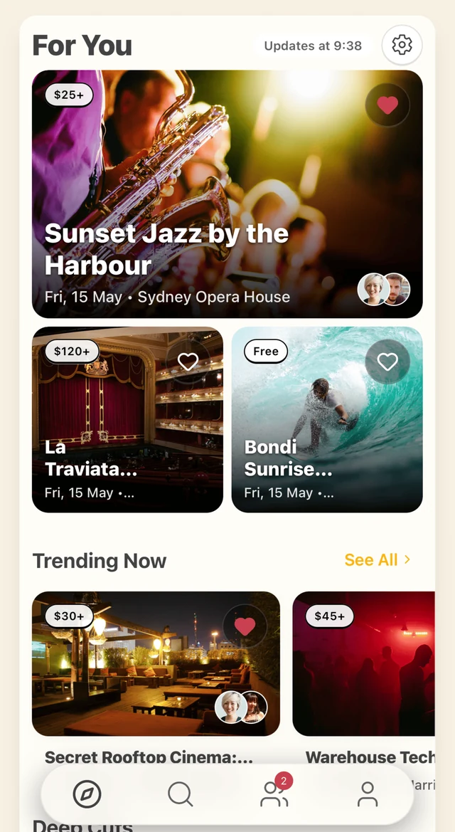 Hango's personalized feed of Sydney events.