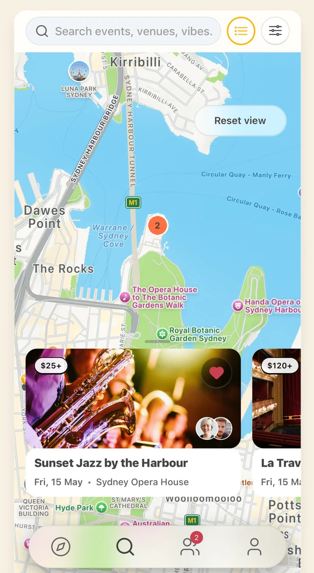 Hango's map view, with events pinned across the Sydney harbour foreshore.