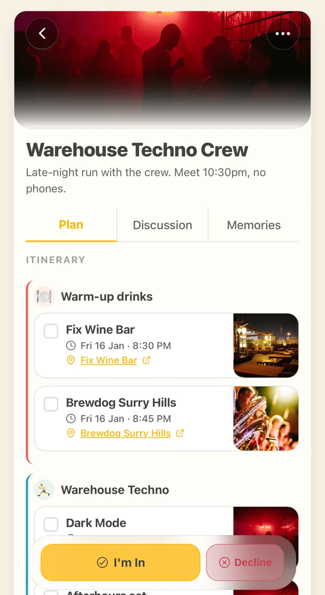 A Hango group plan: a shared itinerary for the night, with a discussion thread beside it.