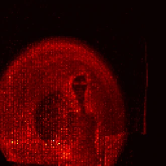 An event-camera frame of a person performing a gesture, accumulated over time: red events on black.