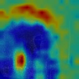 Gaussian SmoothGradCAM heat map: the attribution has slid off the subject and onto the empty background around it.